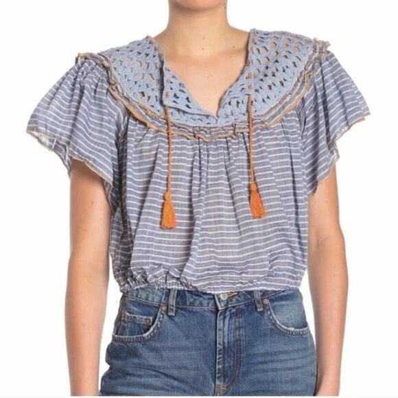 Free People Allora Crochet Cropped Boho Top Blue Stripe Medium - Picture 1 of 9